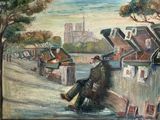 un tableau représentant un homme assis sur un mur au bord de l'eau
