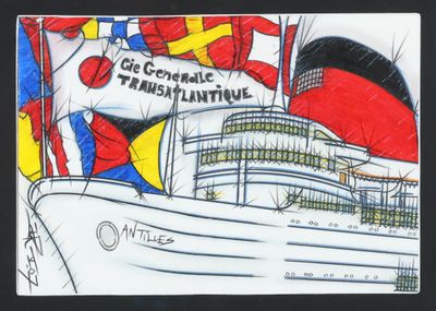 dessin représentant un bateau de croisière orné de drapeaux et d'une pancarte