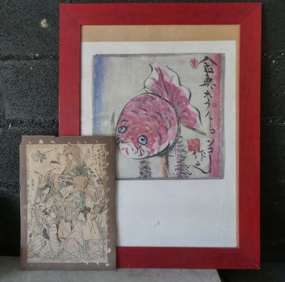 a picture of a painting and a picture of a fish on a shelf