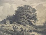 a picture of a painting of a man and a dog on a hill