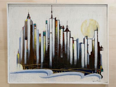 a picture of a painting of a cityscape on the wall