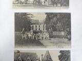 three old black and white photos of a building and a horse drawn carriage