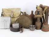 an image of a group of items including a gas mask, a bag, and other items