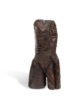 wooden statue of a man with a hat on his head on a white background