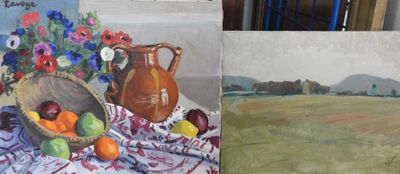 reproduction d'un tableau représentant un vase et une corbeille de fruits posés sur une table