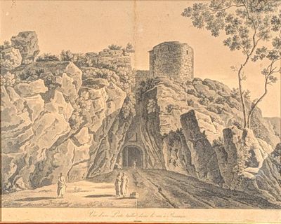 a drawing of a castle on top of a mountain