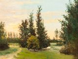 l'image d'une peinture d'un champ avec des arbres en arrière-plan