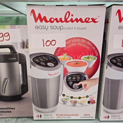 three boxes of morline easy soup and soup maker in a store