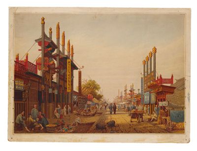 an old painting of a street scene with people and buildings