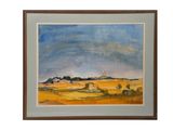 un tableau représentant un champ avec un ciel en arrière-plan et des arbres