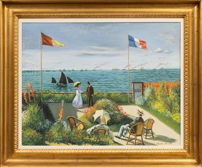 an oil painting of a woman sitting on a bench in front of the ocean