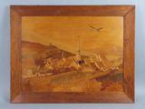 an old picture of a painting of a village with a bird flying over it