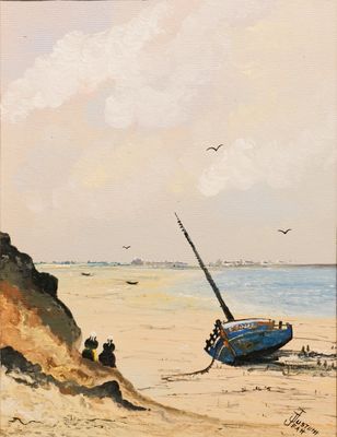 tableau représentant un bateau sur une plage de sable, avec des mouettes qui volent en arrière-plan