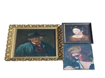 three framed paintings of men and women in hats and a woman with a hat