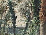 une image représentant un tableau d'un paysage boisé avec des arbres et de l'herbe