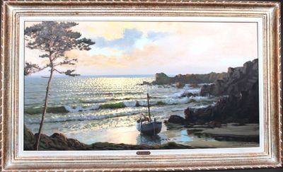 an image of a painting of a boat on the beach