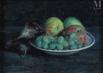 painting of a bowl of fruit and vegetables on a table