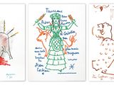 quatre dessins de couleurs différentes représentant une femme et un homme à cheval