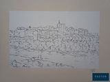 dessin représentant une vue de ville avec une rivière au premier plan et des arbres au premier plan