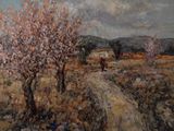 a painting of a tree in a field with a house in the background