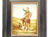tableau représentant un homme à cheval, accompagné d'un chien et d'une vache