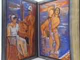 two paintings of a man and a woman on a beach with a man sitting on a chair and a woman standing on a chair