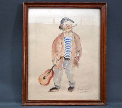 tableau représentant un homme avec une guitare, dans un cadre en bois