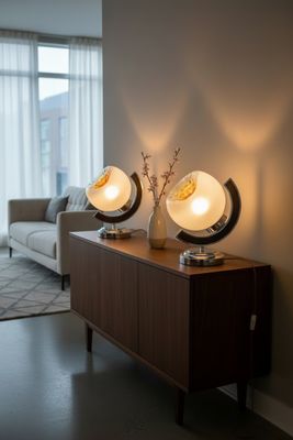 two lamps that are on the side of a table