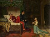 tableau représentant une famille dans une chambre à coucher avec un lit