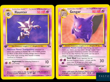 two pokemon cards with a purple and yellow design on them