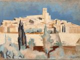une peinture à l'huile représentant un village avec une tour au sommet d'une colline