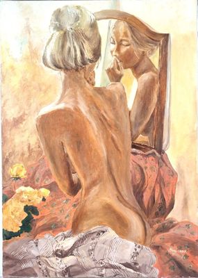a painting of a woman sitting in front of a mirror