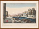 peinture d'une vue d'une ville avec un pont sur une rivière