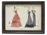 un dessin représentant deux femmes en robe de soirée, l'une en rouge et l'autre en noir