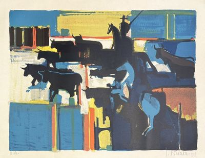 a picture of a painting of a man on a horse and cows