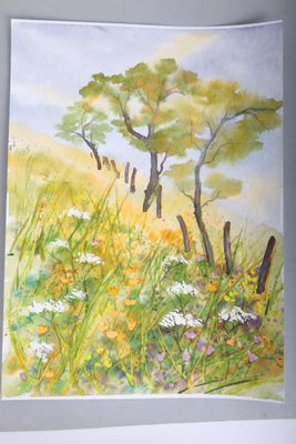 a picture of a painting of a field of flowers and trees