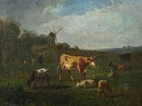painting of cows grazing in a field with a windmill in the background