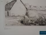 a drawing of a farm with a hay bale in the foreground