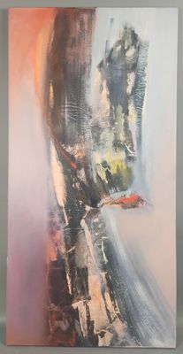 peinture abstraite représentant un oiseau survolant une ville, avec des immeubles en arrière-plan
