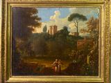 tableau représentant un homme et une femme dans un paysage avec un château en arrière-plan
