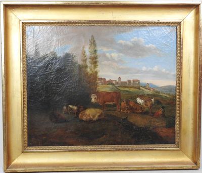 tableau représentant des vaches dans un paysage avec un château en arrière-plan