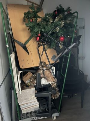 a small christmas tree in the back of a moving truck