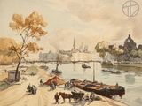 a painting of a river scene with boats on the water