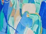 une image représentant un tableau sur lequel figure un vase bleu orné de feuilles vertes
