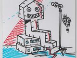drawing of a robot sitting on a pile of luggage in front of a crane