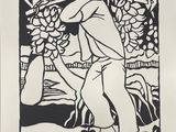 an image of a black and white drawing of a man picking bananas from a tree
