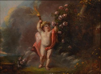 an image of a painting of a baby holding a flower