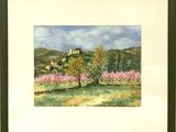 peinture représentant un paysage avec des arbres et un château au loin