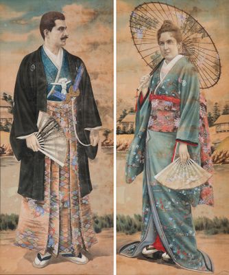 two pictures of a man and a woman dressed in traditional japanese clothing