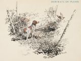 tableau représentant un chien dans un environnement boisé, avec un oiseau qui passe en volant